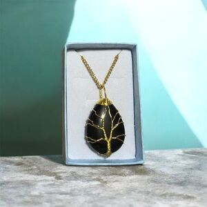 Gold Wire Wrapped and Black Tree of Life Pendant Necklace